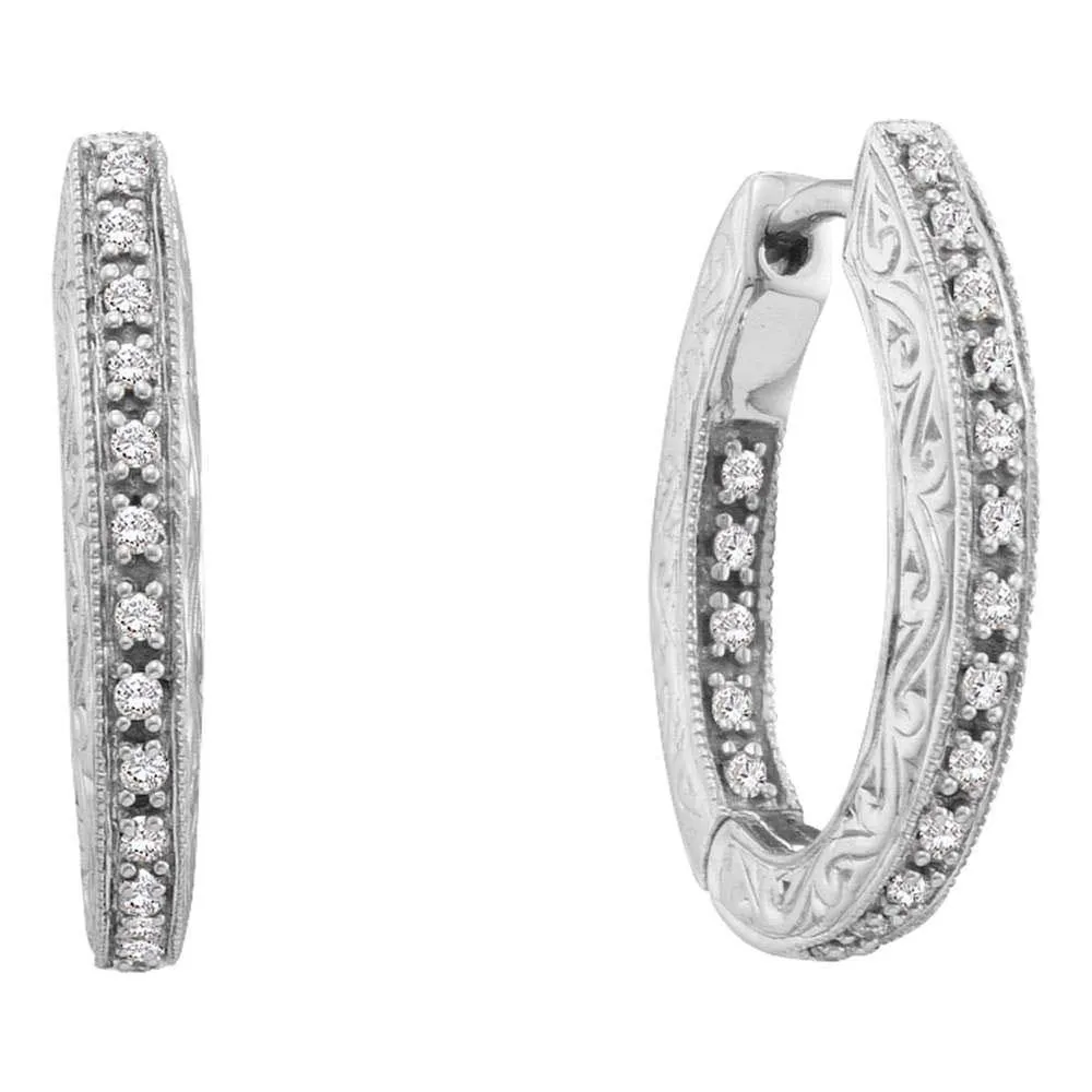 14K White Gold Round Diamond Inside Outside Filigree Hoop Earrings 1/4 Cttw