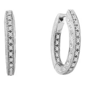 14K White Gold Round Diamond Inside Outside Filigree Hoop Earrings 1/4 Cttw