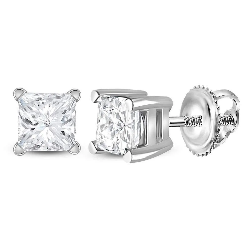 14K White Gold Unisex Princess Diamond Solitaire Stud Earrings 3/4 Cttw