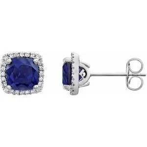 14K White Lab-Created Blue Sapphire & 1/8 CTW Diamond Earrings