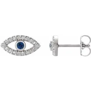 14K White Natural Blue Sapphire & Natural White Sapphire Evil Eye Earrings