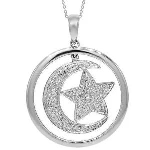 14K White Solid Gold Diamond Moon and Star Pendant 0.10 Ctw