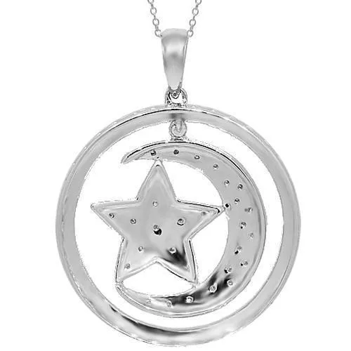 14K White Solid Gold Diamond Moon and Star Pendant 0.10 Ctw