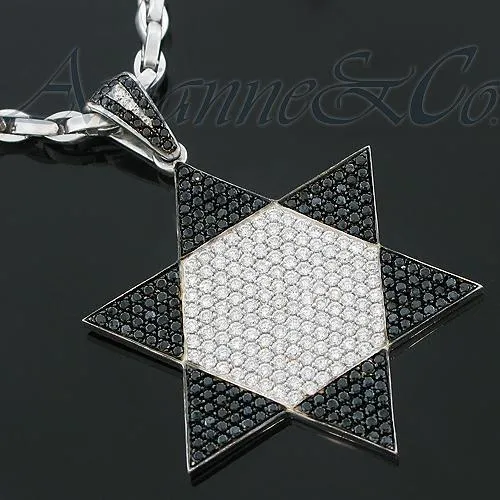 14K White Solid Gold Mens Custom Diamond Star of David Pendant with Black Diamonds