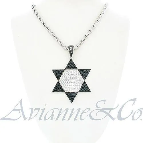 14K White Solid Gold Mens Custom Diamond Star of David Pendant with Black Diamonds