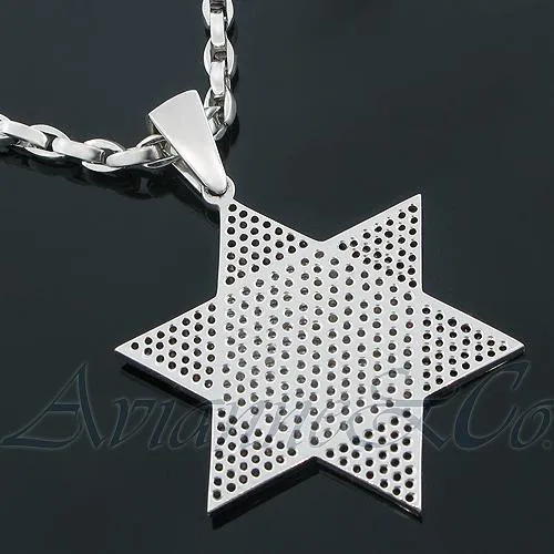 14K White Solid Gold Mens Custom Diamond Star of David Pendant with Black Diamonds