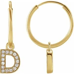 14K Yellow .05 CTW Natural Diamond Single Initial D Hoop Earring