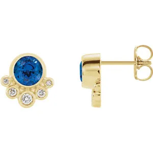 14K Yellow Chatham® Created Blue Sapphire & 1/8 CTW Diamond Earrings