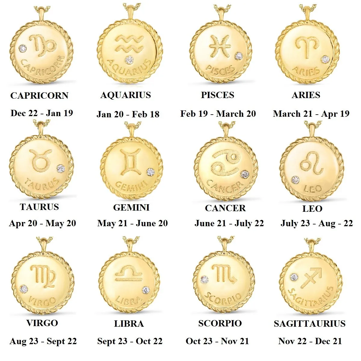 14K Yellow Gold .010ctw Diamond Zodiac Braided Disc Pendant Necklace