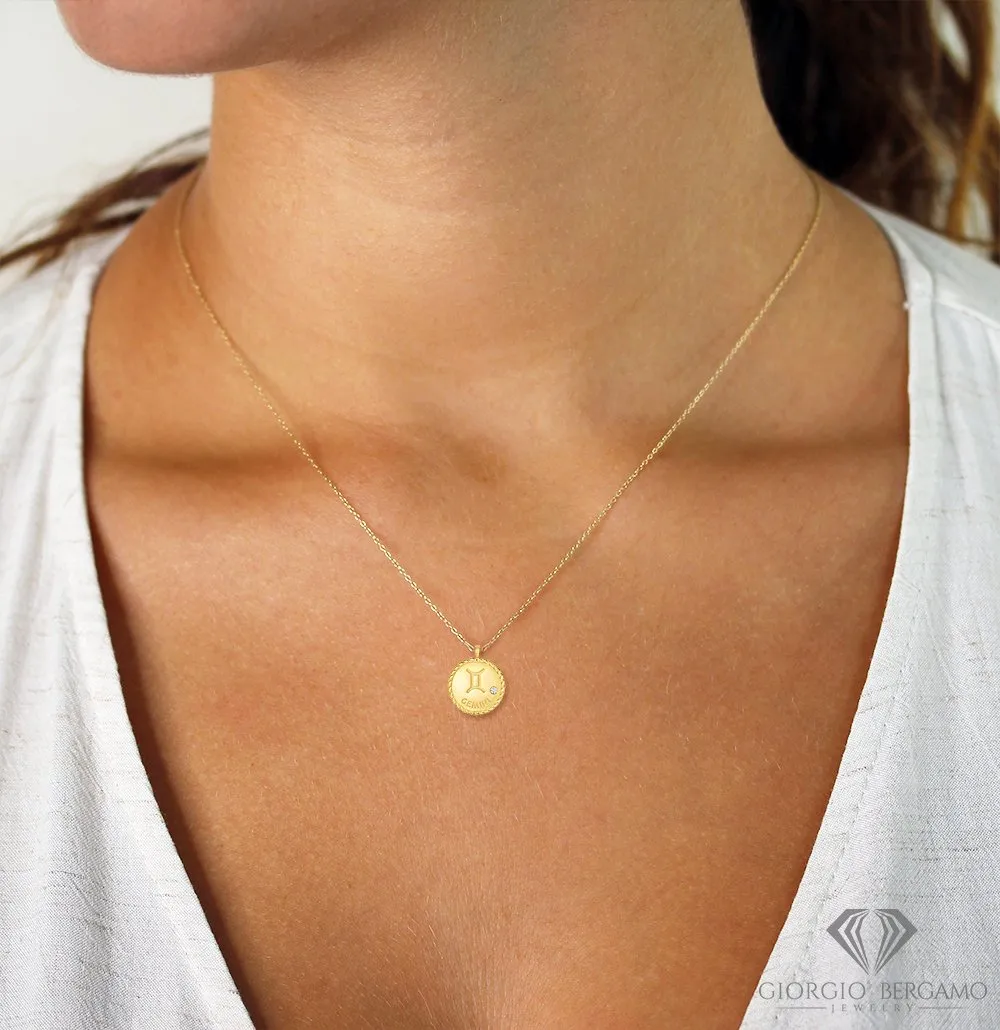 14K Yellow Gold .010ctw Diamond Zodiac Braided Disc Pendant Necklace