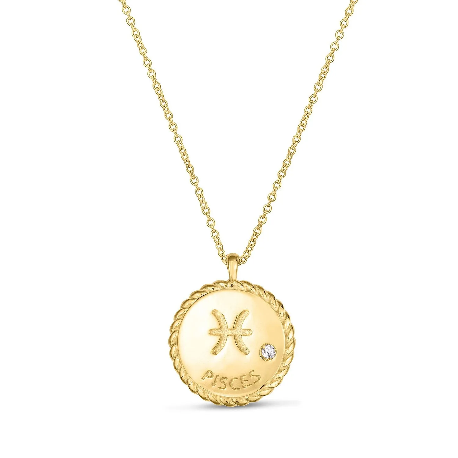 14K Yellow Gold .010ctw Diamond Zodiac Braided Disc Pendant Necklace