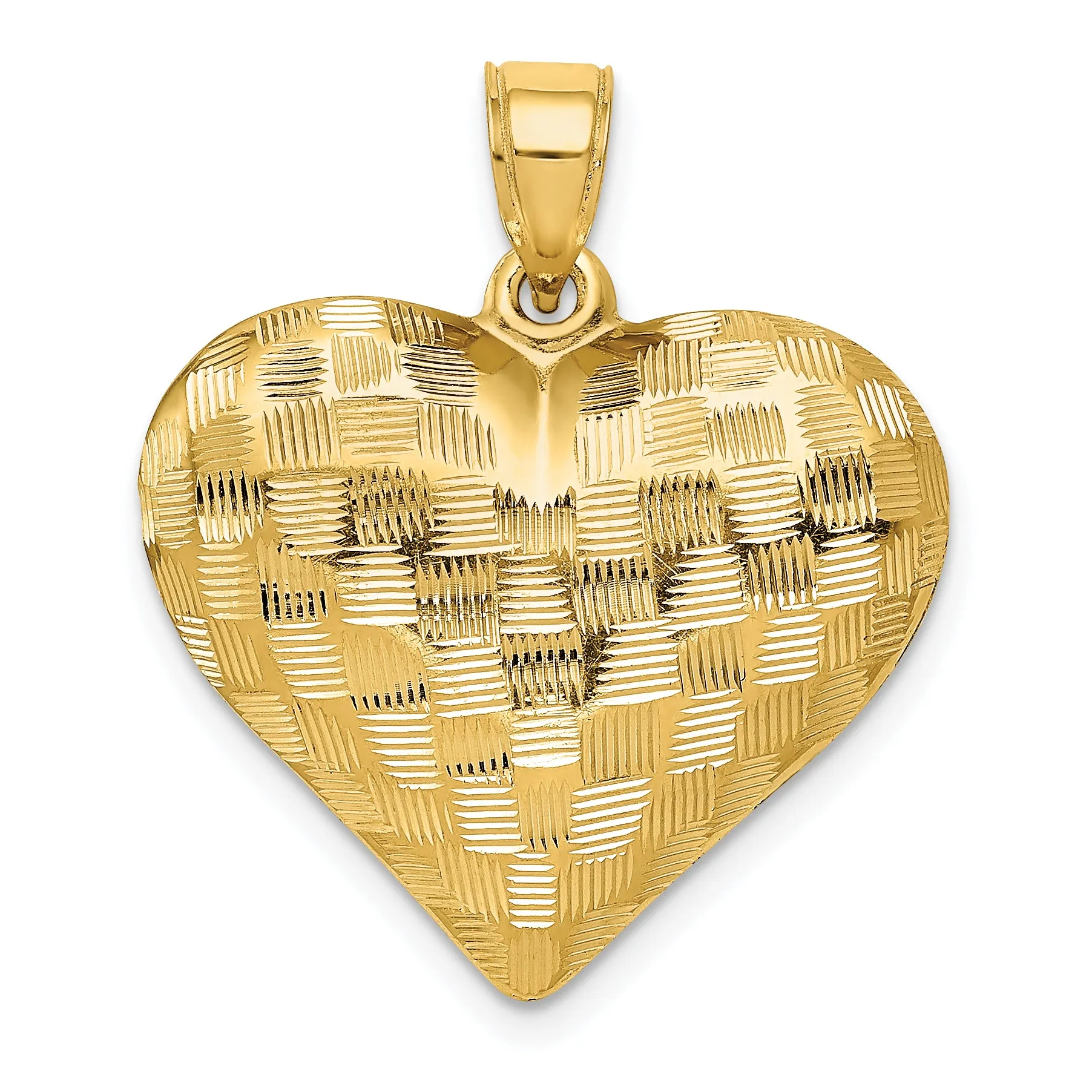 14k Yellow Gold Basket Weave Pattern 3-D Heart Design Pendant