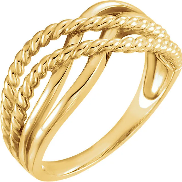 14k Yellow Gold Crossover Rope Design Ring, Size 7