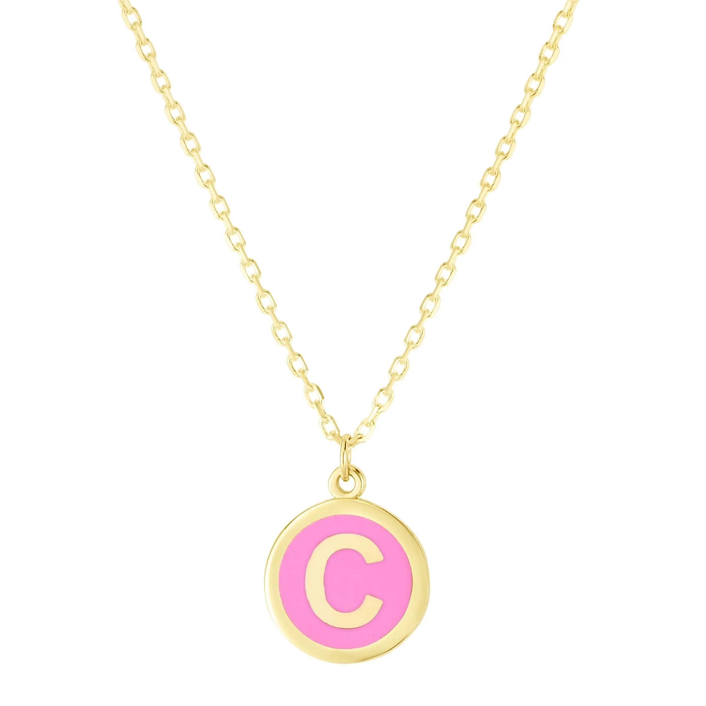14K Yellow Gold Pink Enamel Initial Disc Pendant Necklace