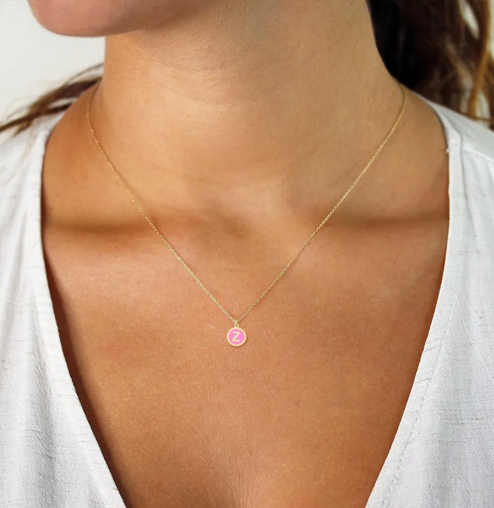 14K Yellow Gold Pink Enamel Initial Disc Pendant Necklace
