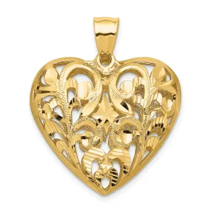 14k Yellow Gold Polished D.C Filigree 3-D Puffed Heart Pendant