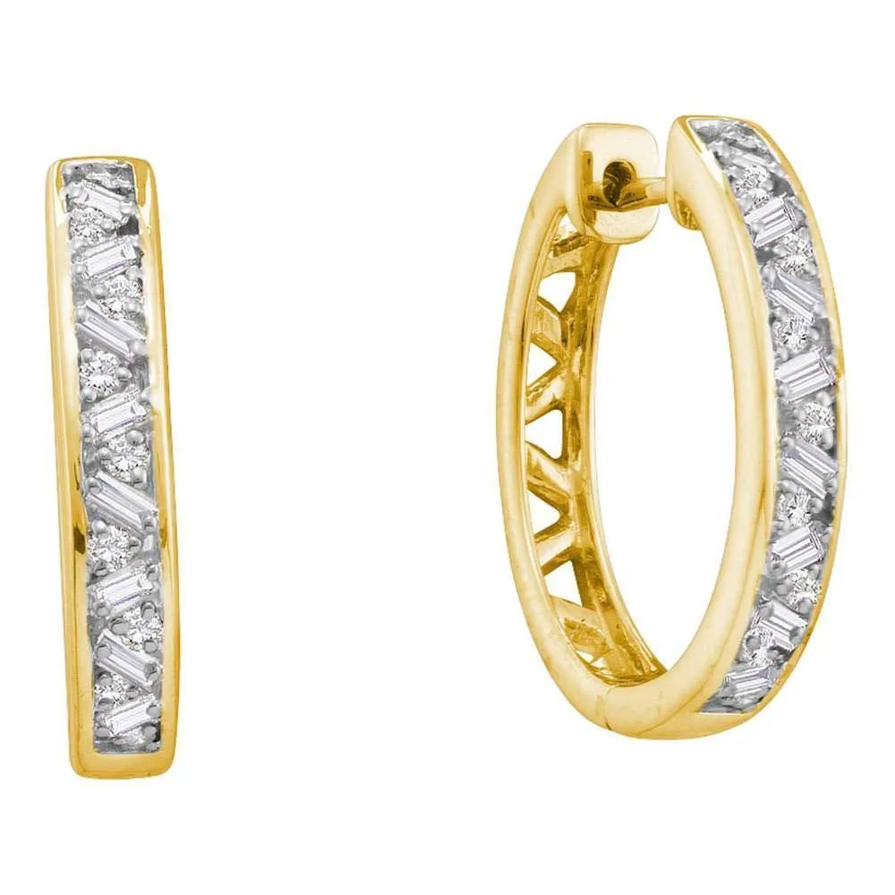 14k Yellow Gold Round Baguette Diamond Hoop Earrings 1/2 Cttw