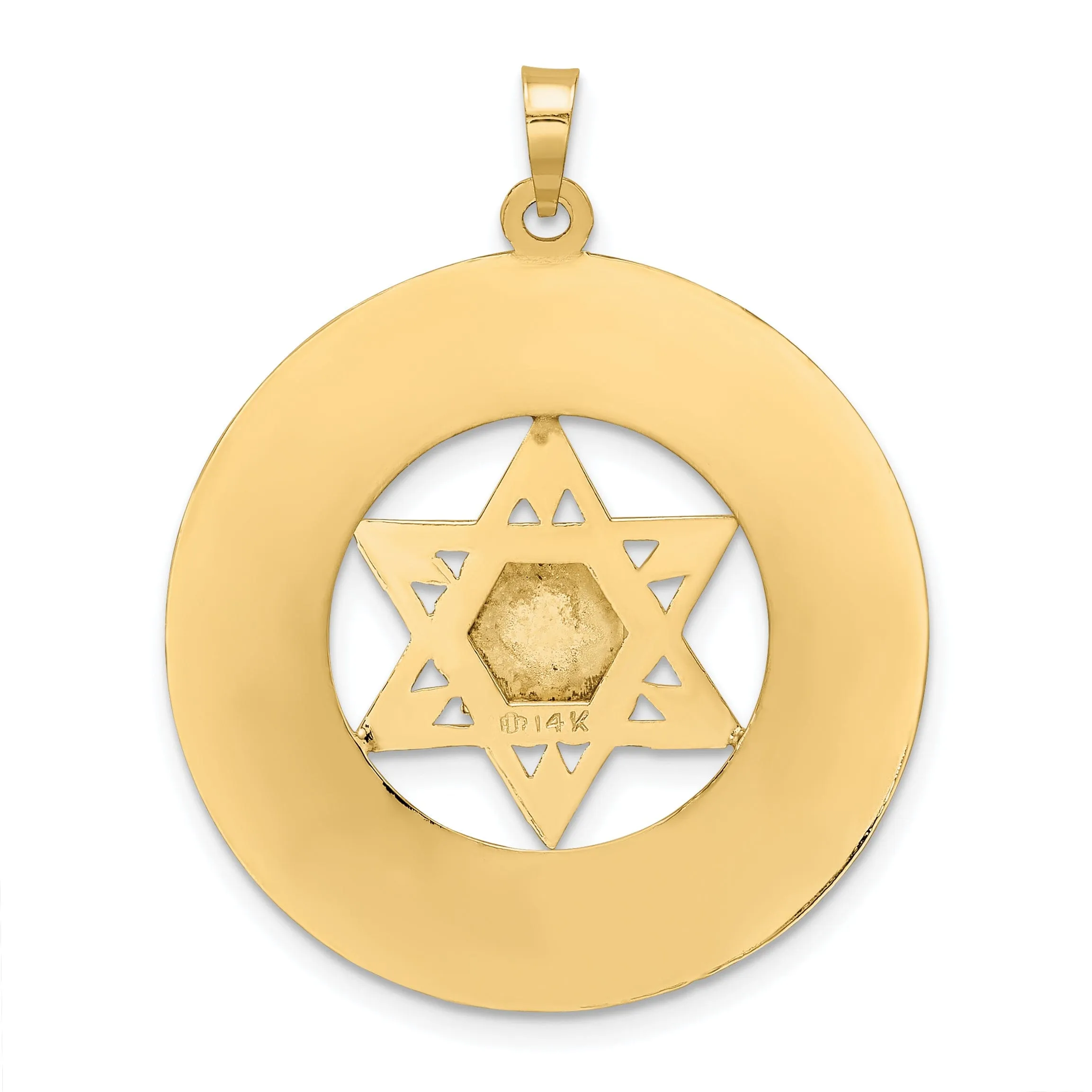 14k Yellow Gold Unisex Solid Star and Torah Inside Disc Frame Pendant
