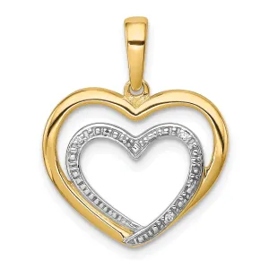 14k Yellow Gold, White Rhodium Open Back Polished Finish 0.009-CT Diamond Double Heart in Heart Swirl Design Charm Pendant