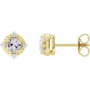 14K Yellow Natural White Sapphire & .08 CTW Natural Diamond Halo-Style Earrings