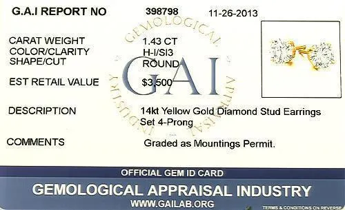 14K Yellow Solid Gold Unisex Diamond Four Prong Studd Earrings 1.43 Ctw