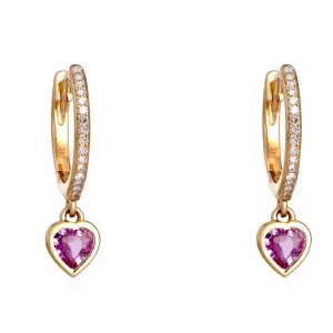 14KT Gold Diamond Pink Sapphire Huggie Earrings