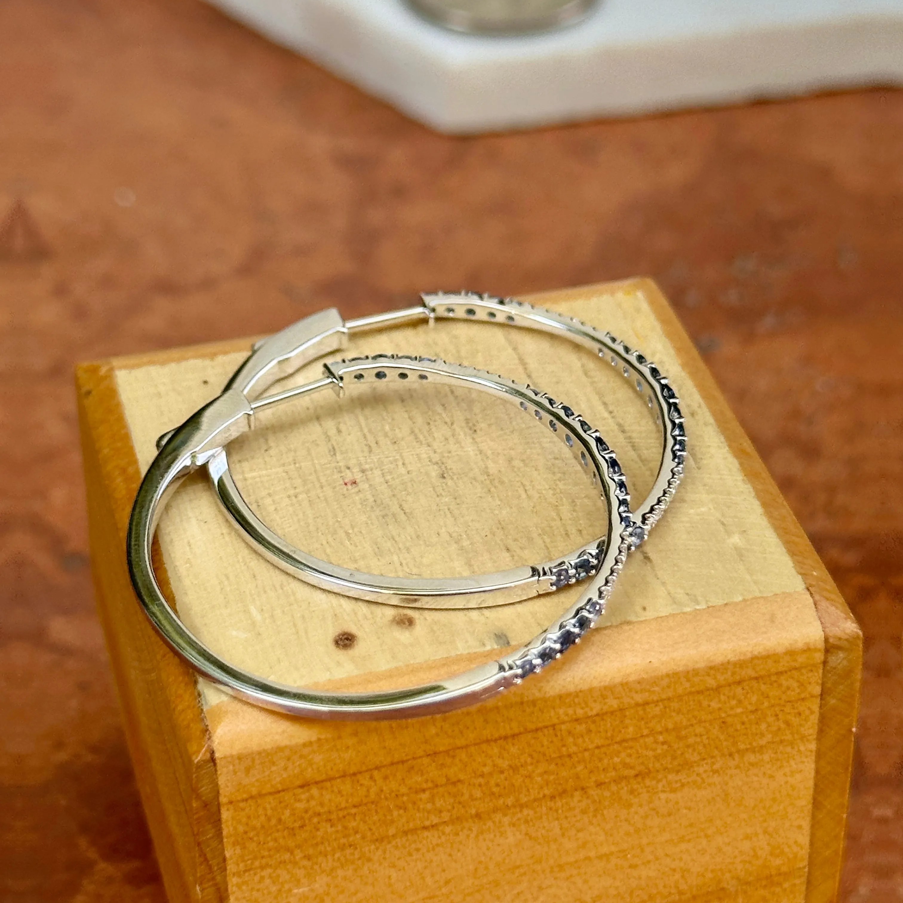 14KT White Gold Ombre Blue Sapphire   Diamond Hoop Earrings