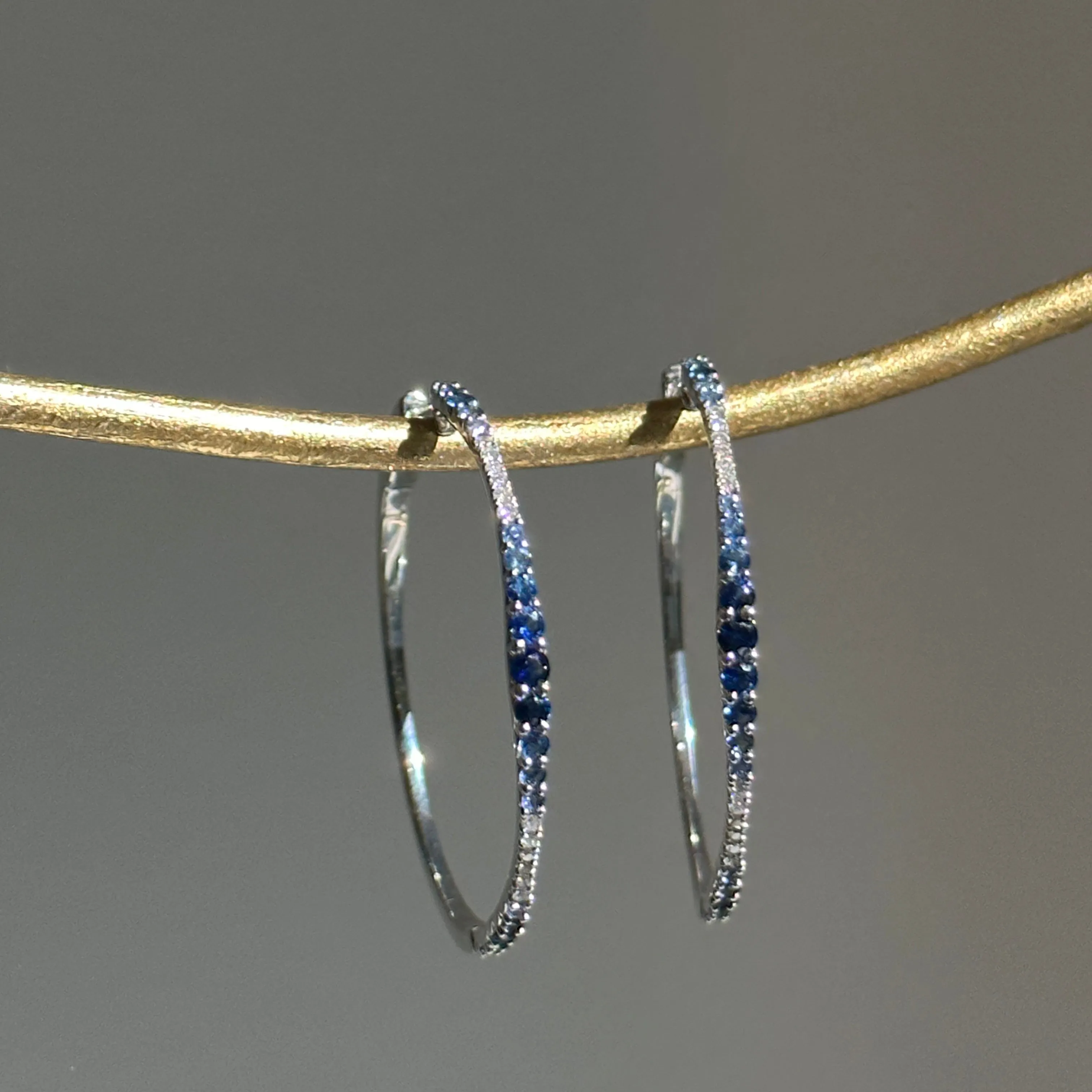 14KT White Gold Ombre Blue Sapphire   Diamond Hoop Earrings