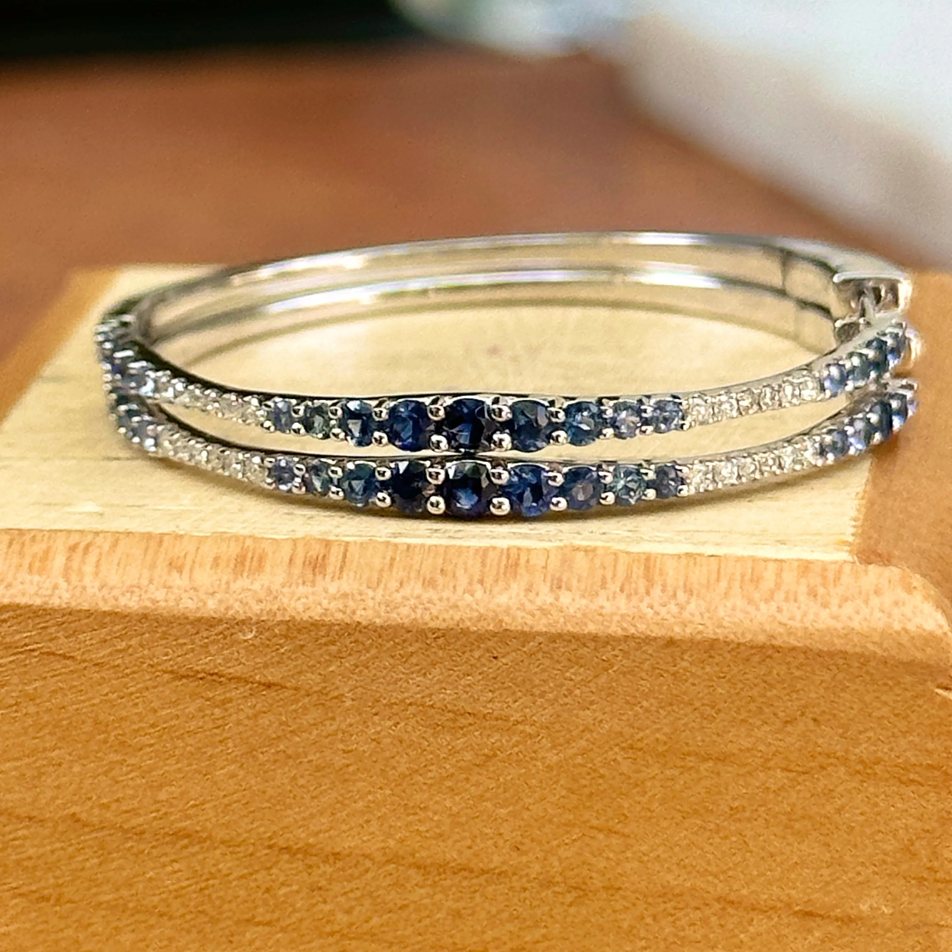 14KT White Gold Ombre Blue Sapphire   Diamond Hoop Earrings