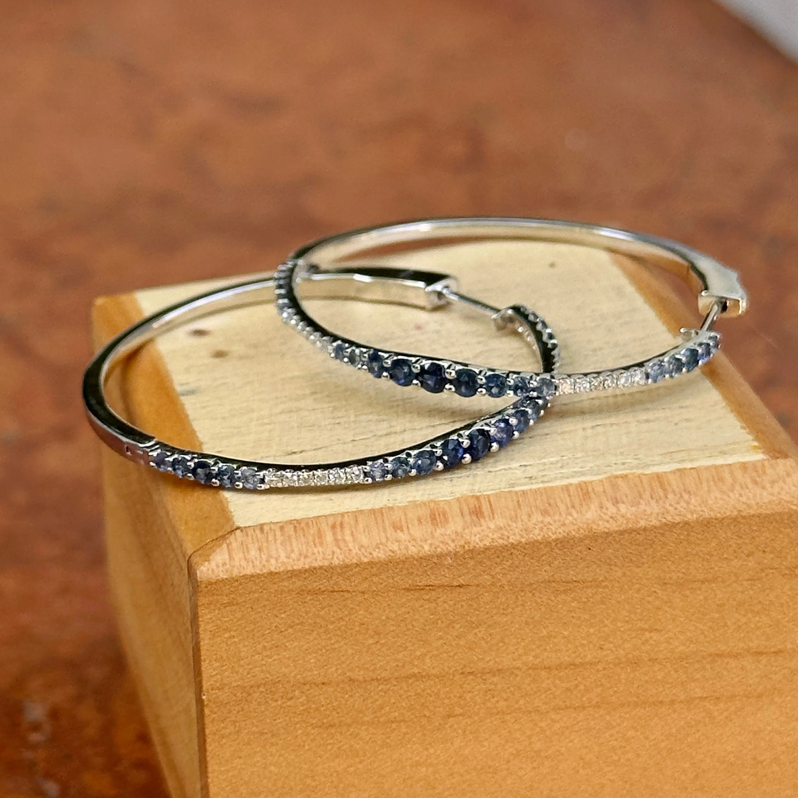14KT White Gold Ombre Blue Sapphire   Diamond Hoop Earrings