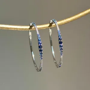 14KT White Gold Ombre Blue Sapphire   Diamond Hoop Earrings
