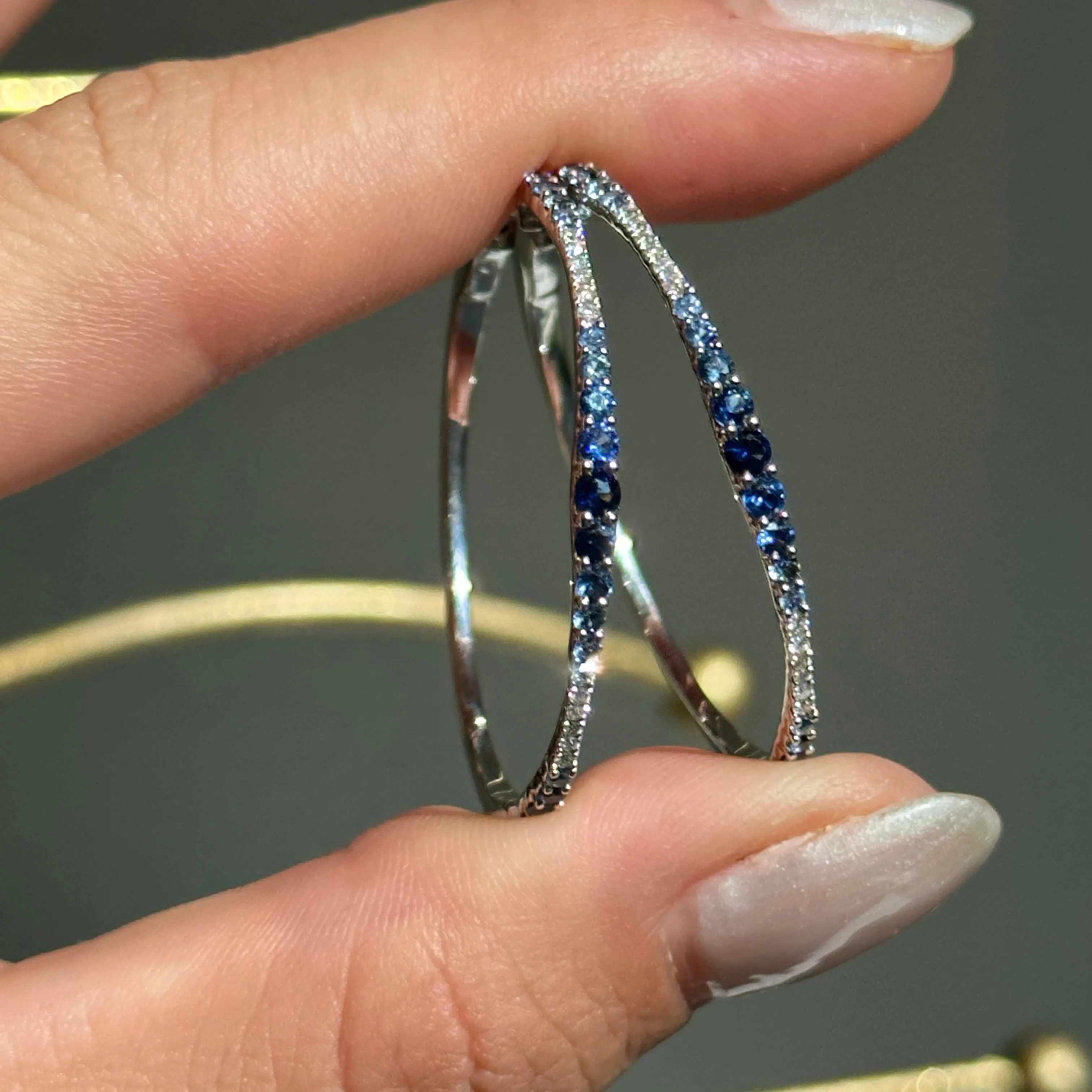 14KT White Gold Ombre Blue Sapphire   Diamond Hoop Earrings