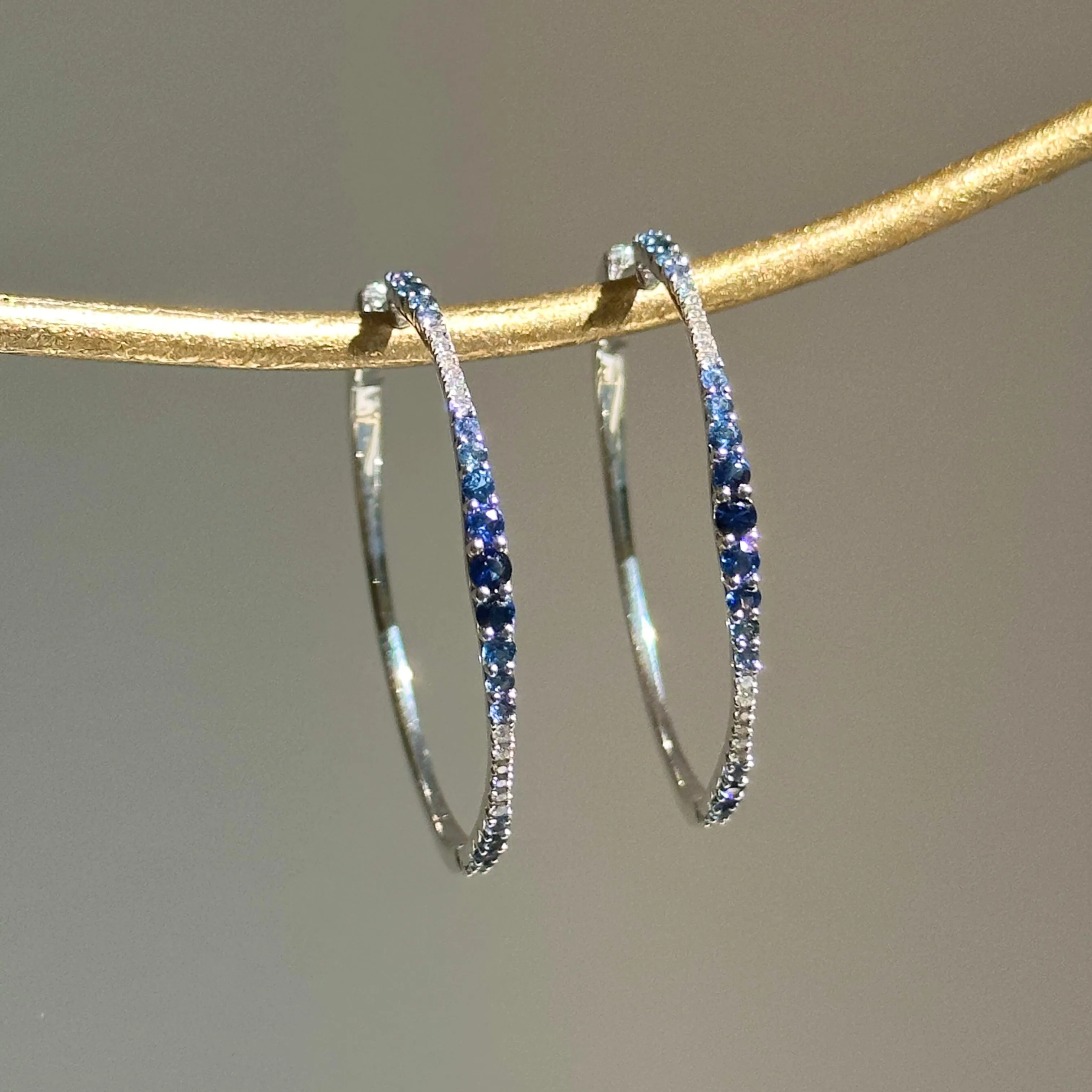 14KT White Gold Ombre Blue Sapphire   Diamond Hoop Earrings