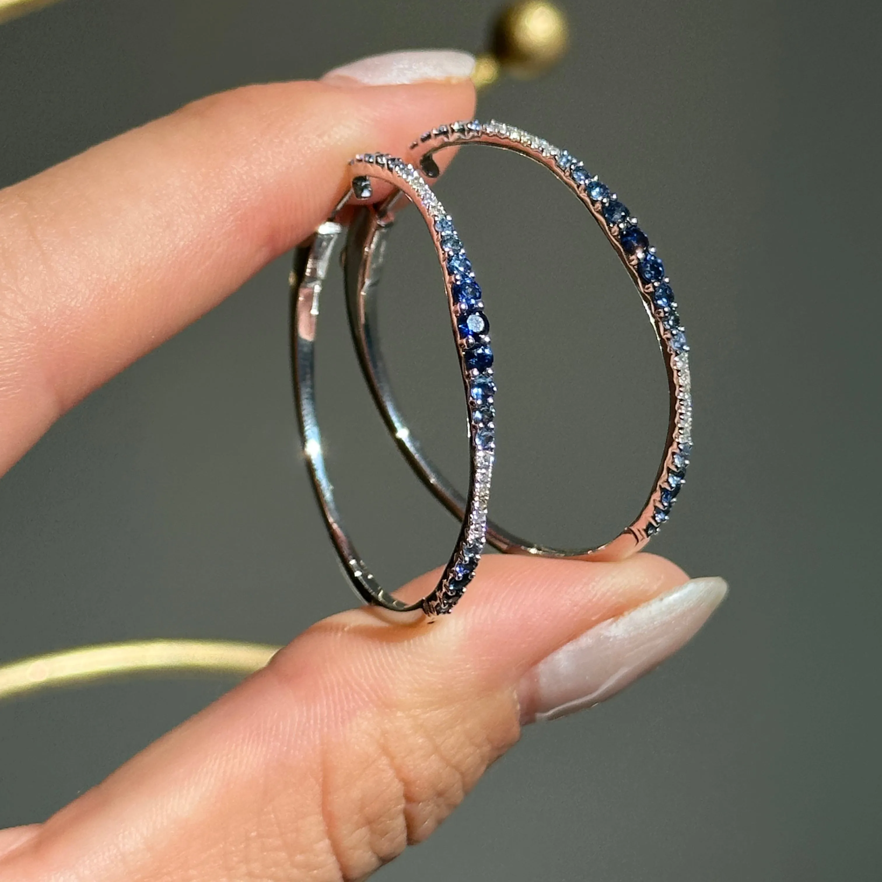 14KT White Gold Ombre Blue Sapphire   Diamond Hoop Earrings
