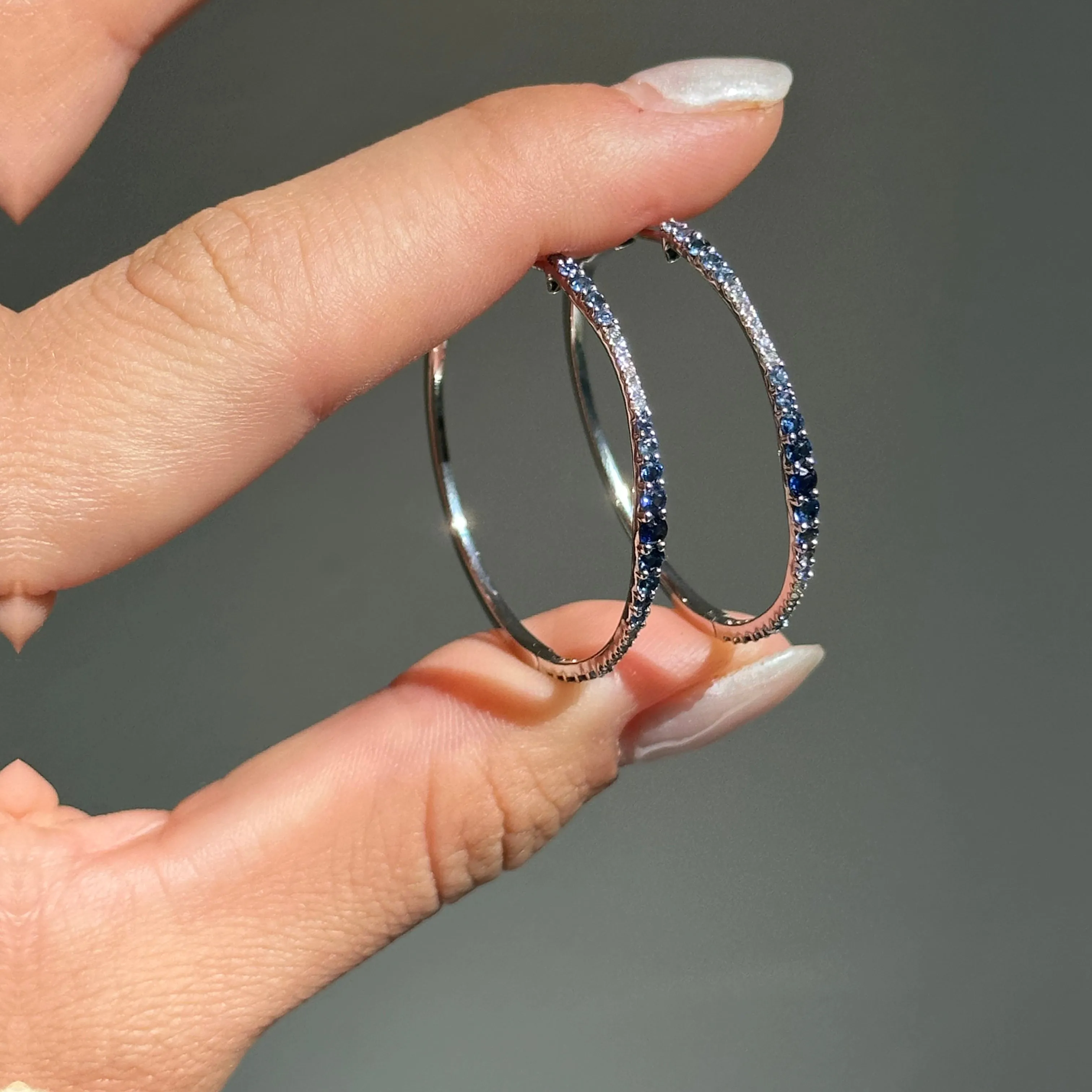 14KT White Gold Ombre Blue Sapphire   Diamond Hoop Earrings