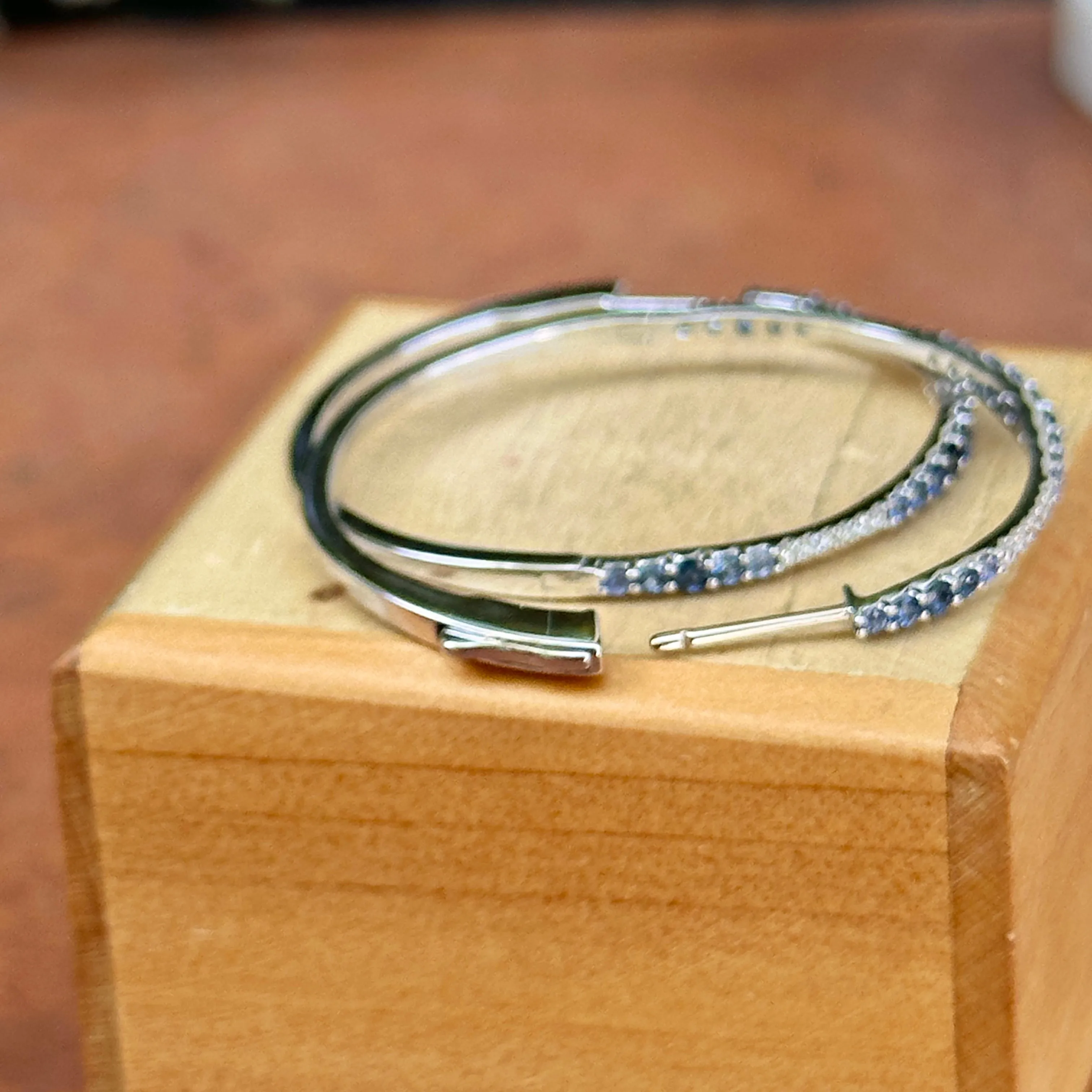14KT White Gold Ombre Blue Sapphire   Diamond Hoop Earrings