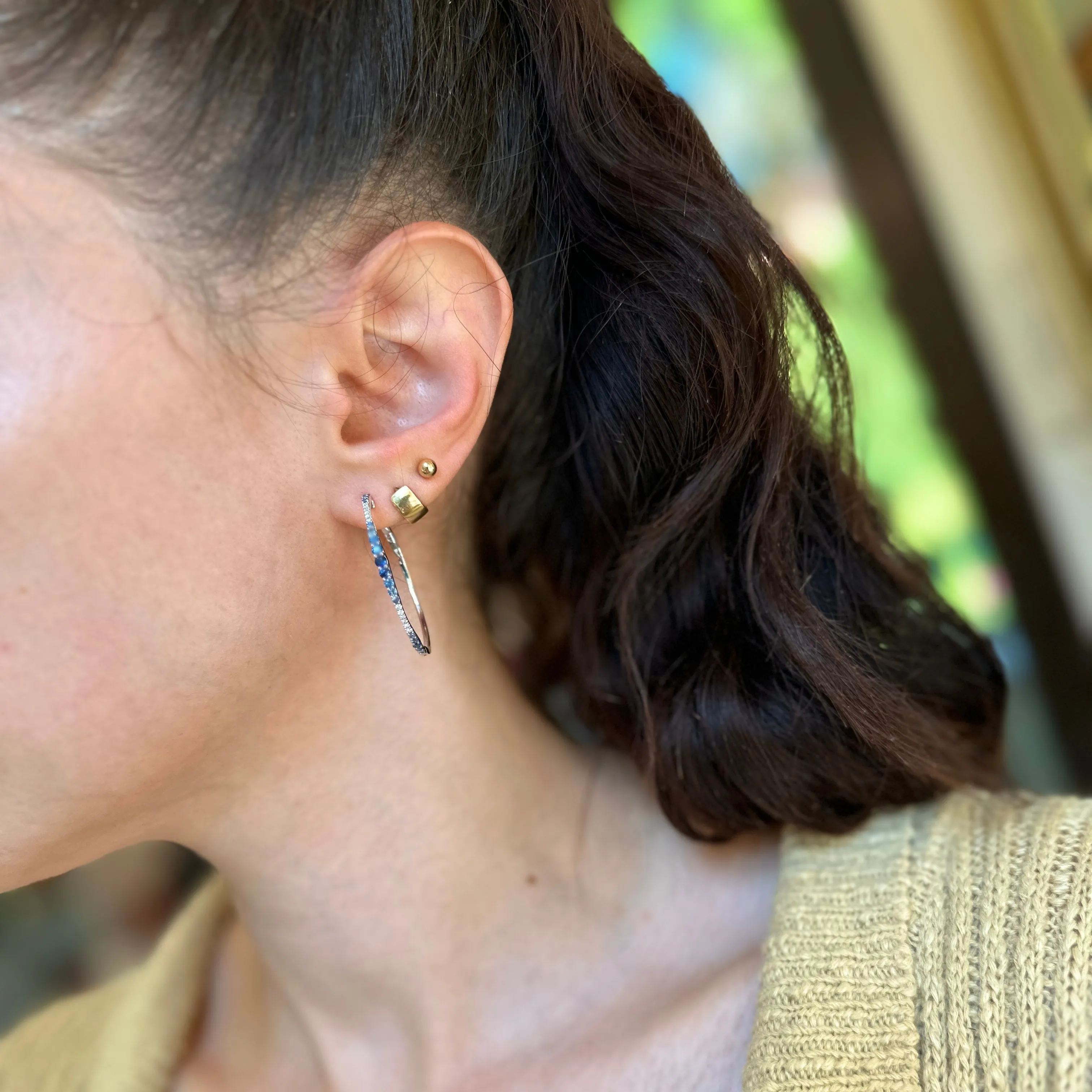 14KT White Gold Ombre Blue Sapphire   Diamond Hoop Earrings