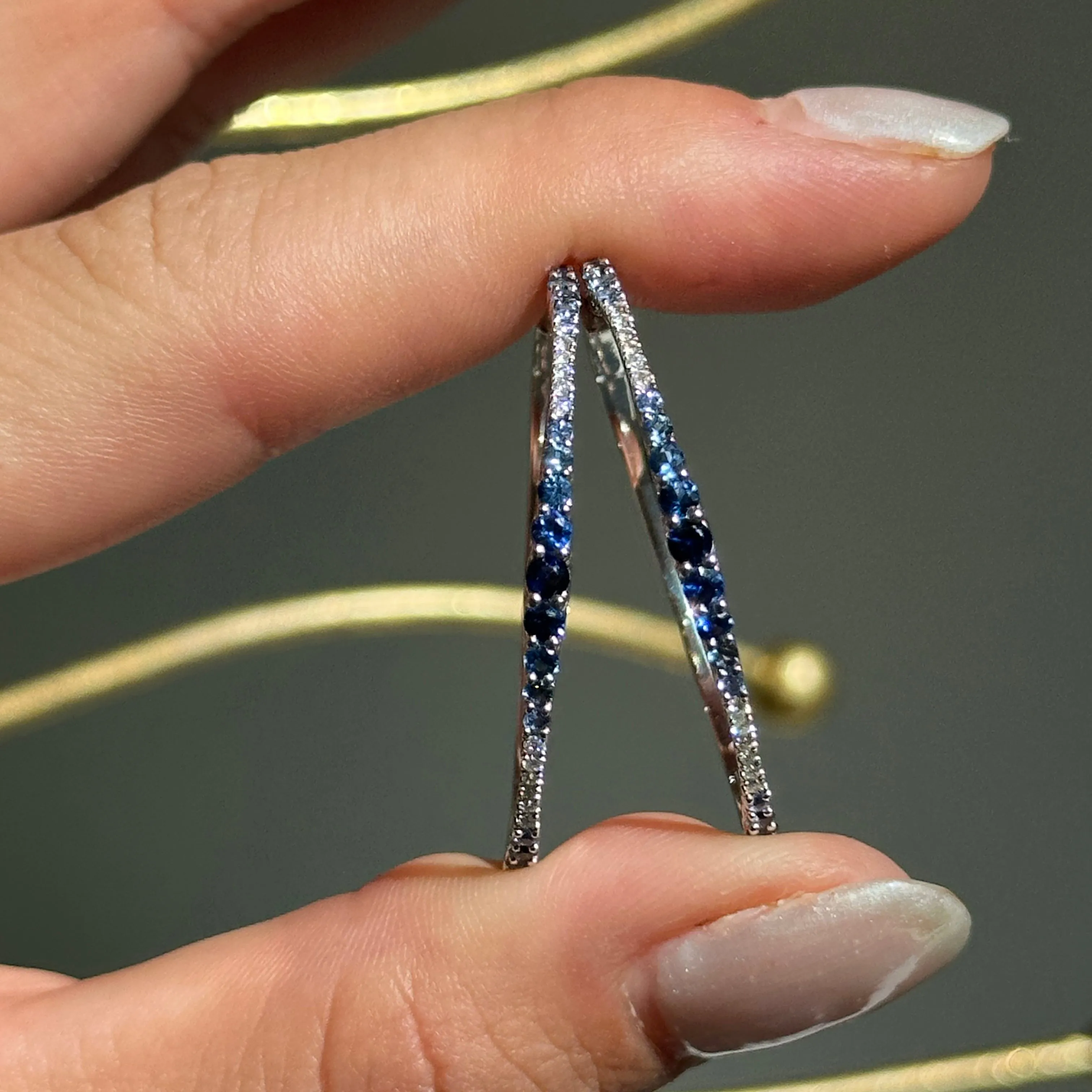 14KT White Gold Ombre Blue Sapphire   Diamond Hoop Earrings