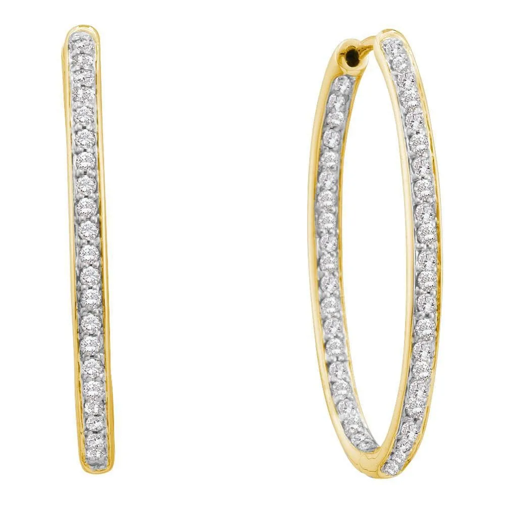 14kt Yellow Gold Womens Round Diamond Inside Outside Hoop Earrings 1.00 Cttw