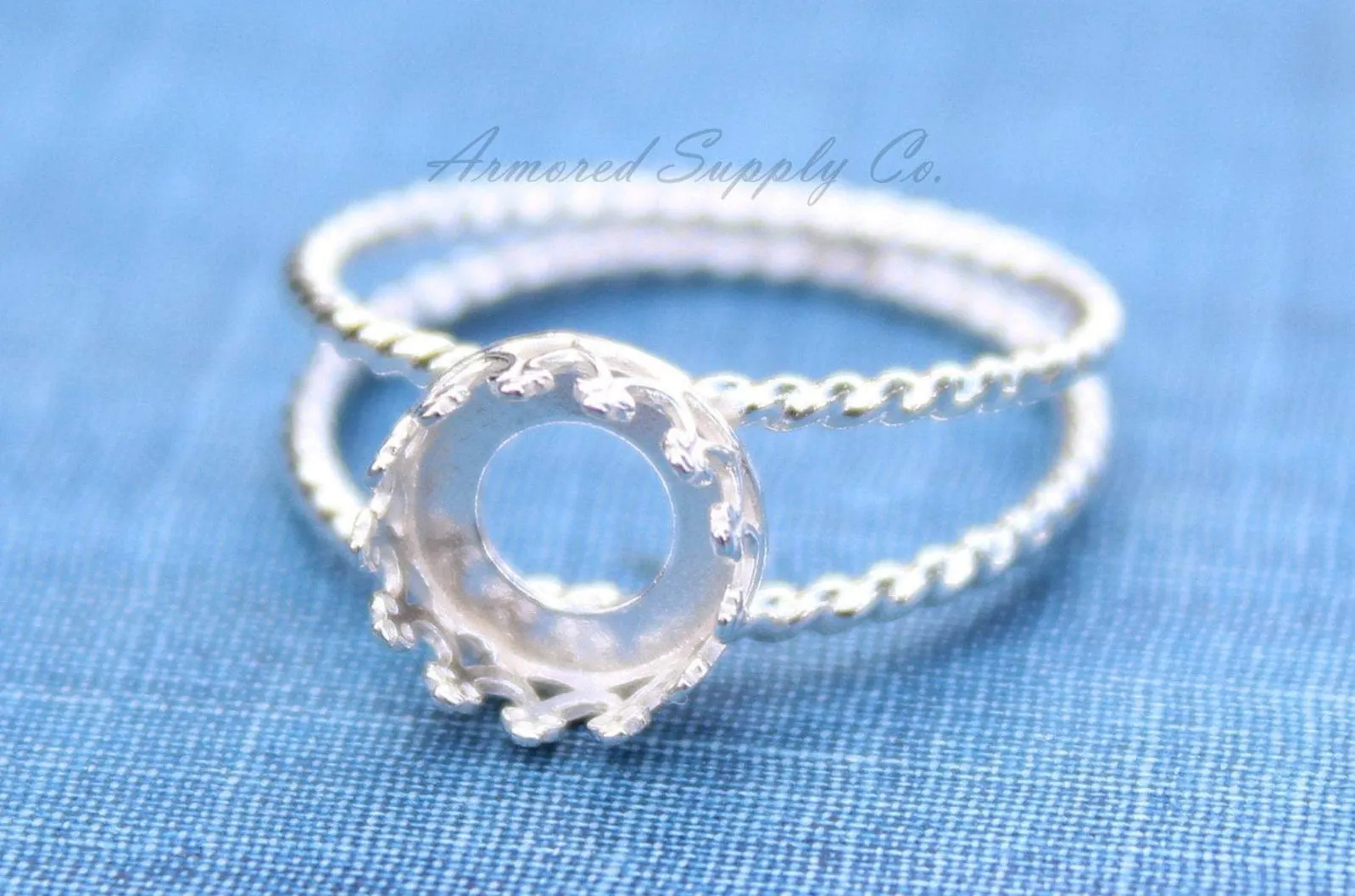 14mm Crown Bezel Sterling Silver Double Rope Band Ring blank