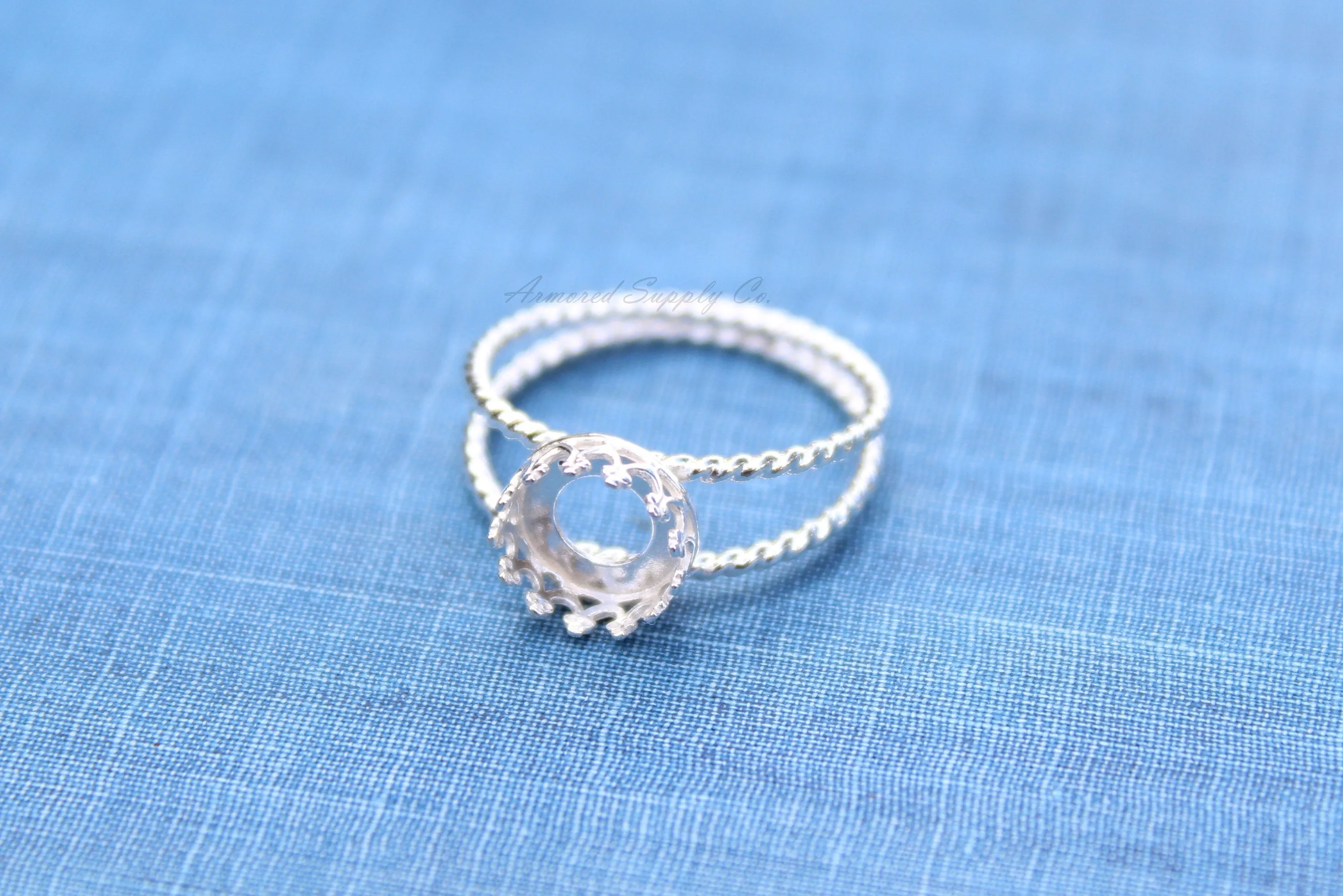 14mm Crown Bezel Sterling Silver Double Rope Band Ring blank
