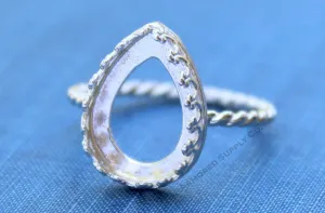 14x10mm Crown Pear Tear drop Bezel ROPE Ring blank Silver