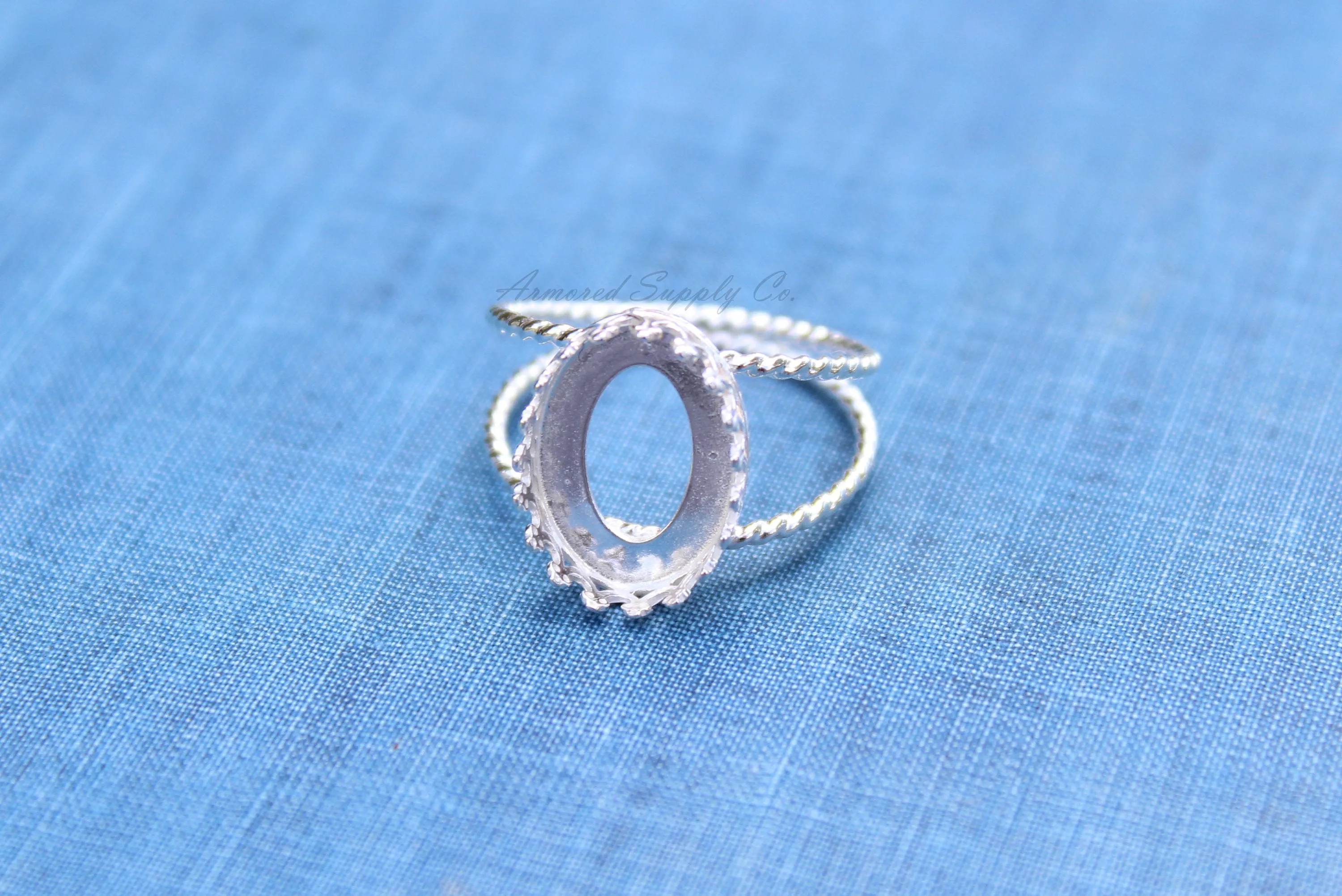 14x10mm Oval Crown Bezel Silver Double Rope Band Ring blank