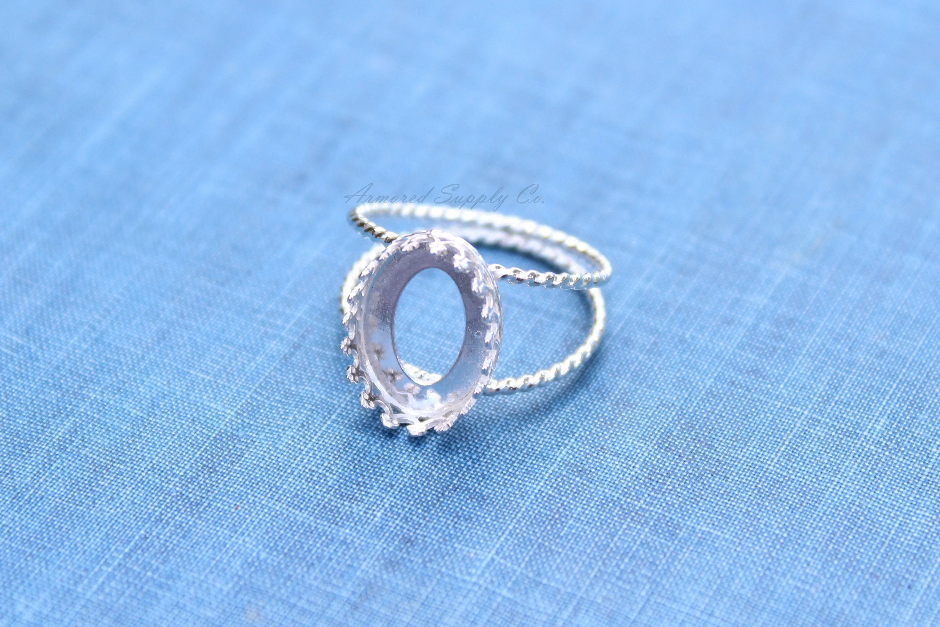 14x10mm Oval Crown Bezel Silver Double Rope Band Ring blank