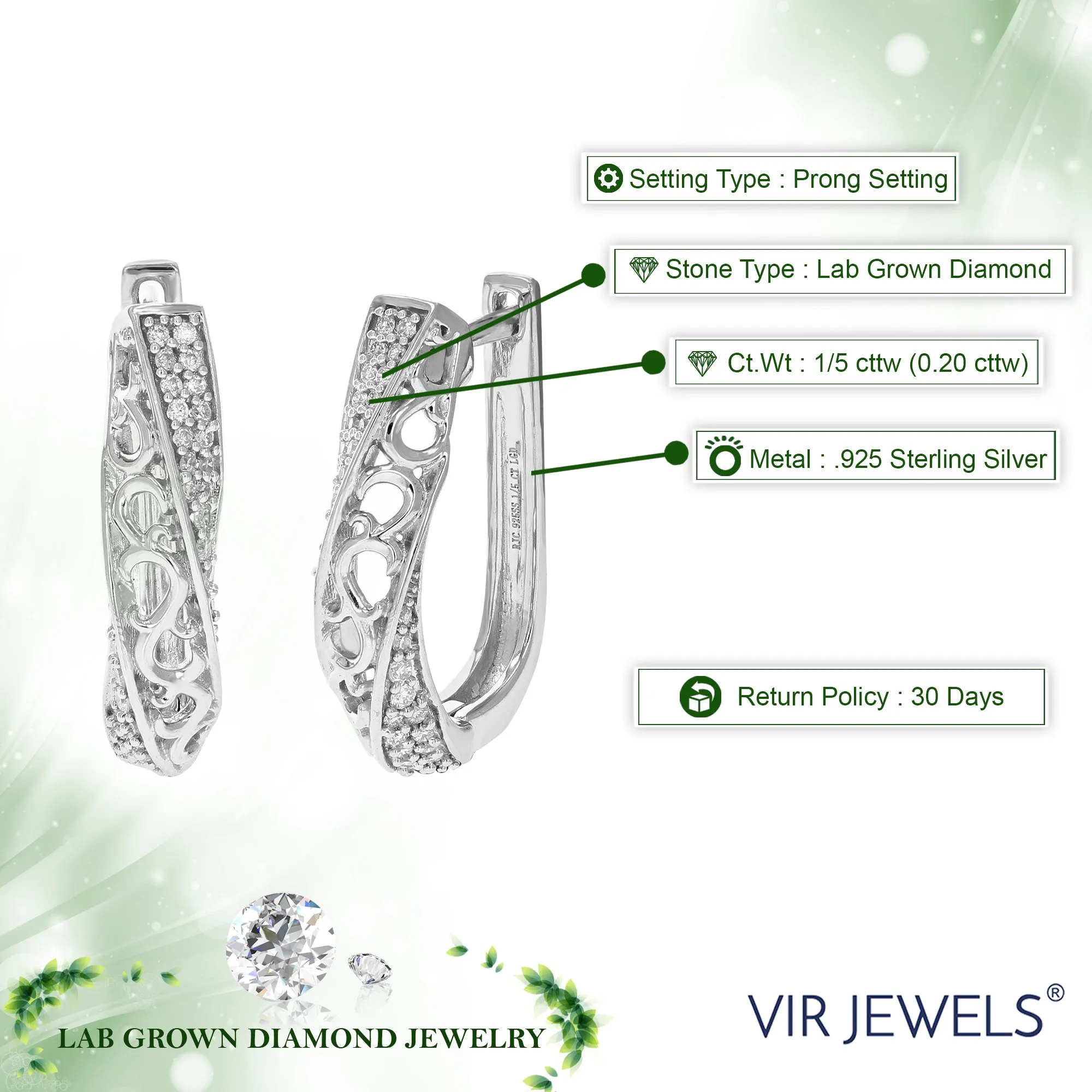 1/5 cttw Lab Grown Diamond Vintage Hoop Earrings in Sterling Silver