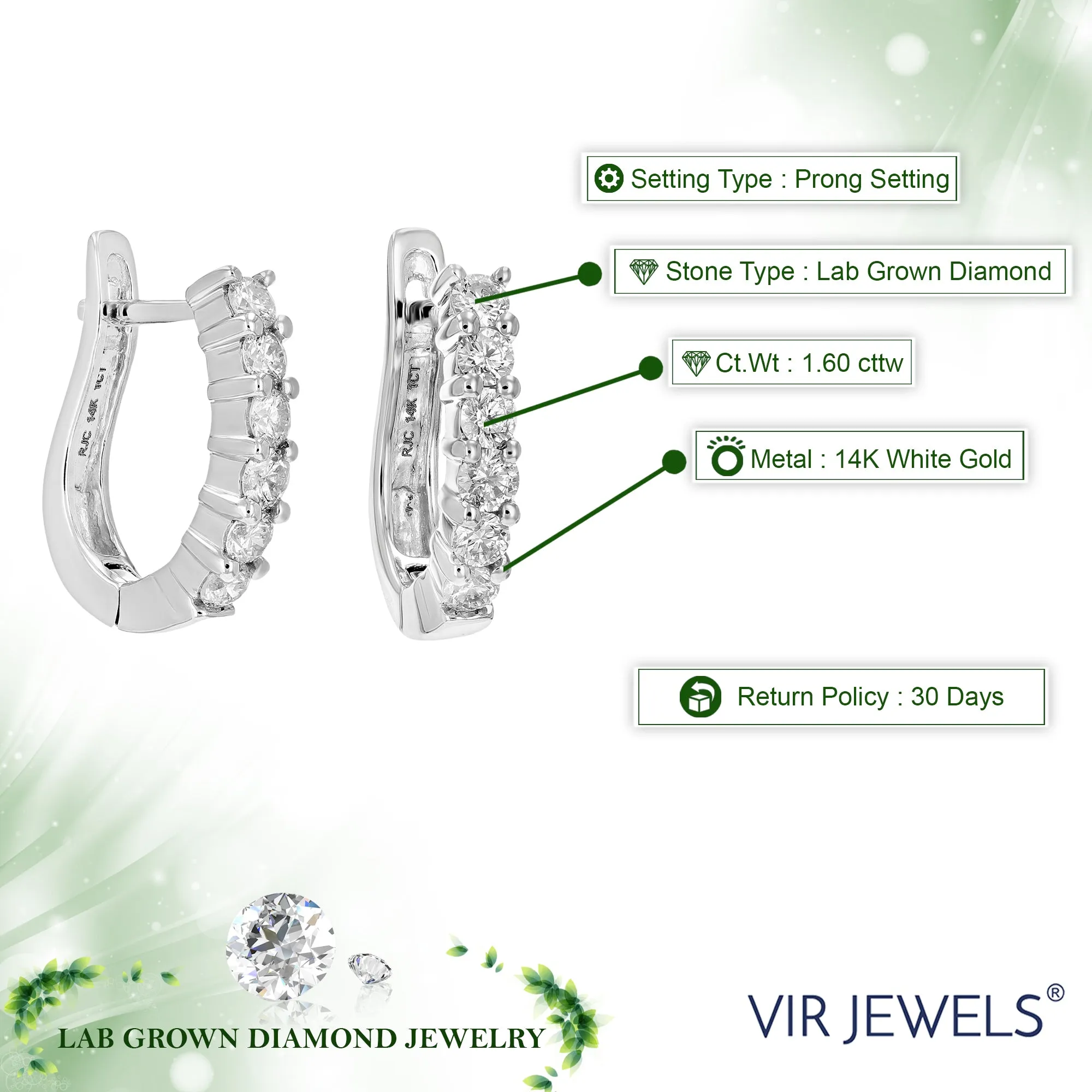 1.60 cttw Lab Grown Prong Diamond Hoop Earrings in 14K Gold