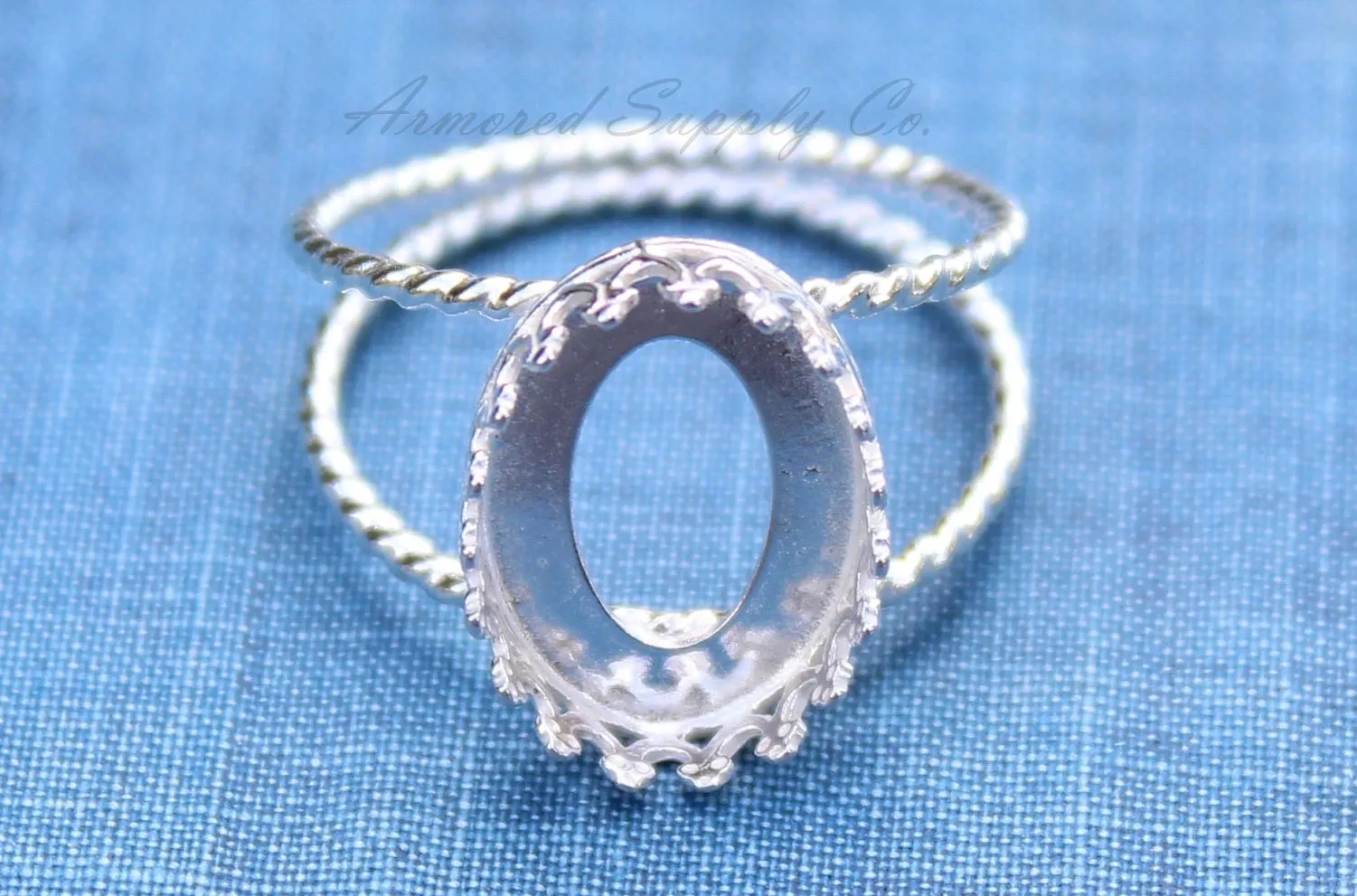 16x12mm Oval Crown Bezel Silver Double Rope Band Ring blank