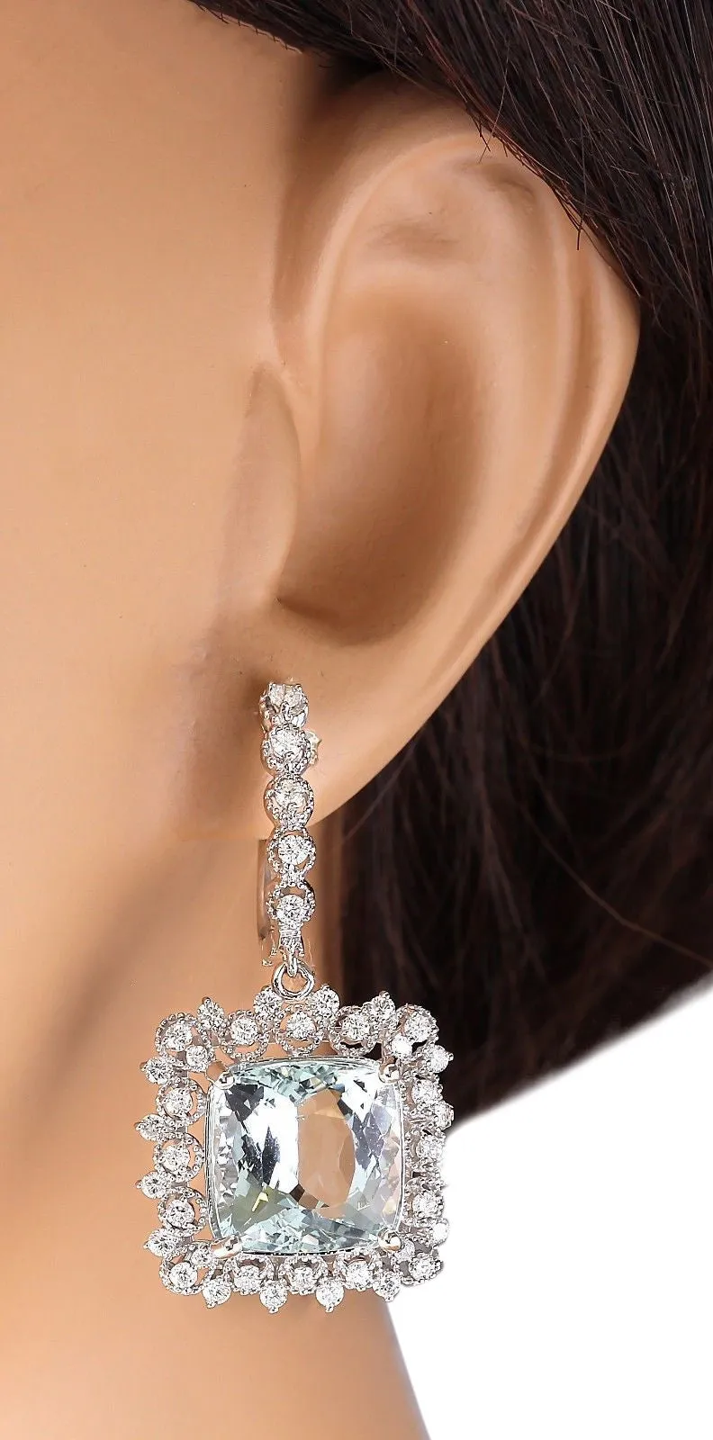 17.29 Carat Natural Aquamarine 14K White Gold Diamond Earrings