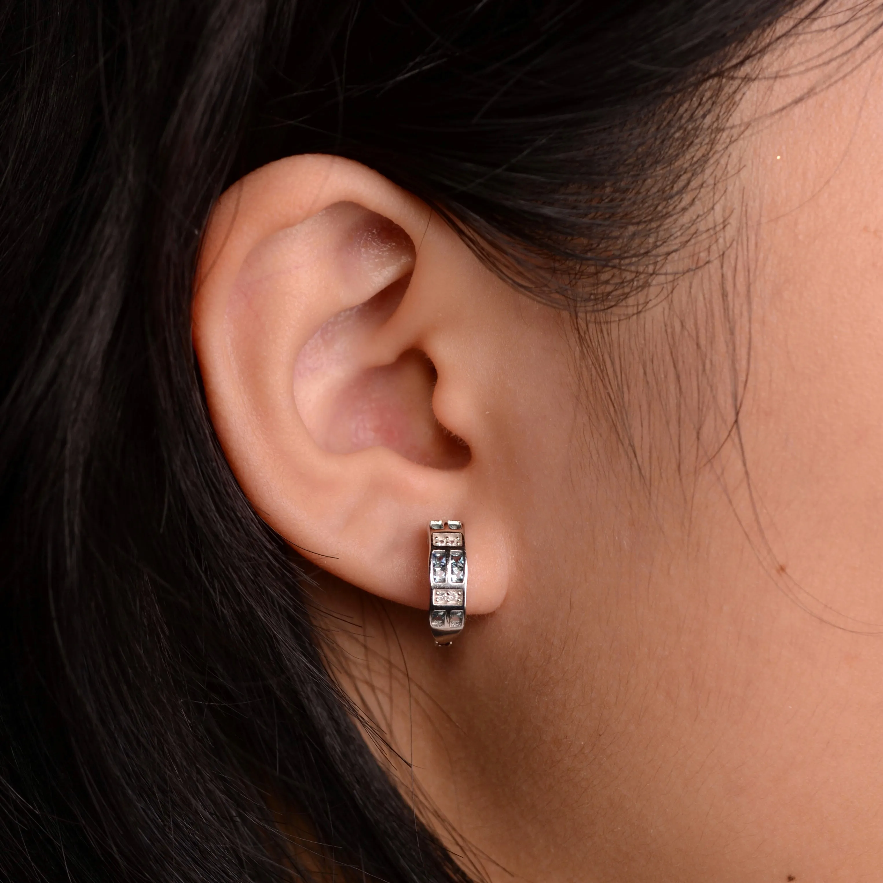 1.8 mm. Square Cut Blue Thai Sapphire with Cz Accents Cluster Earrings