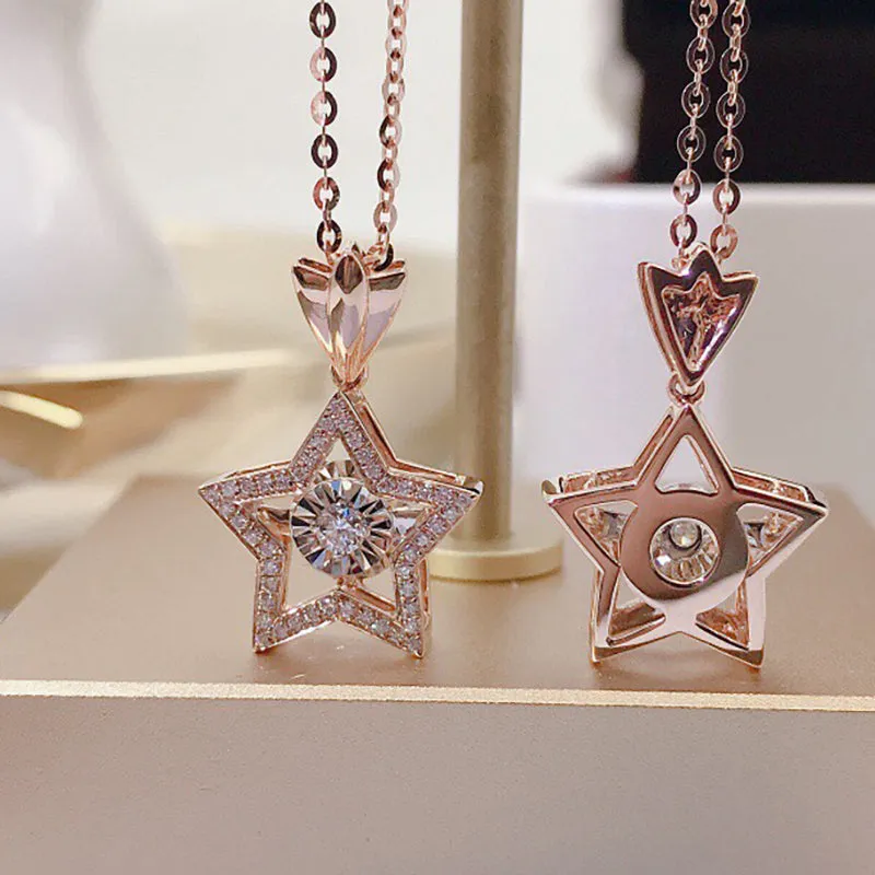 18K Gold 0.115ct Natural Diamond Star Dancing Pendant Necklace Color H, Clarity SI